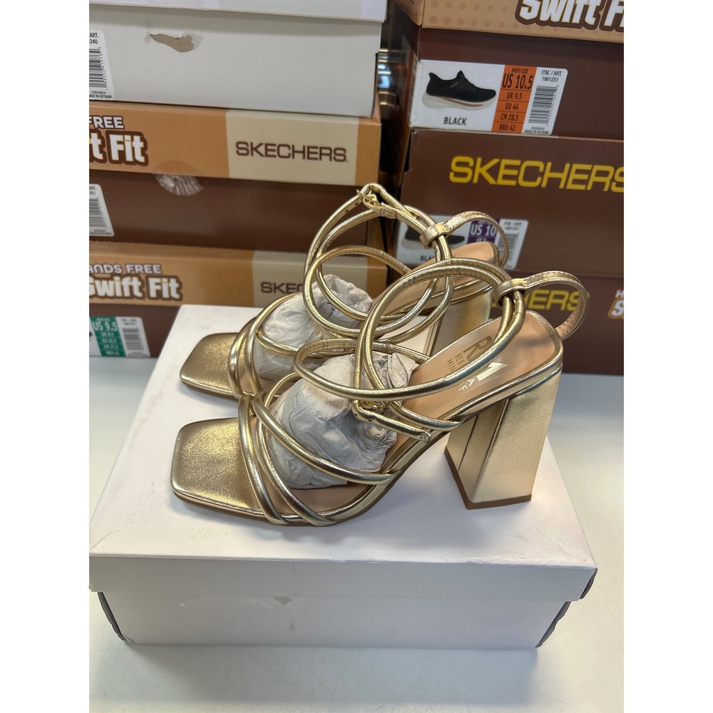 Rebecca Minkoff Jamie Sandals Womens 7.5 Gold Metallic Block Heel Strappy 0608